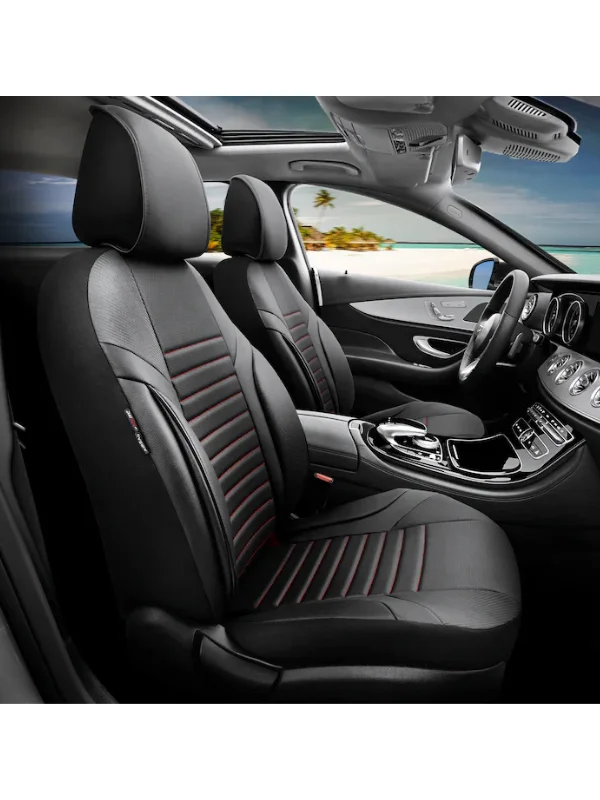 Otom Coral Siyah Araç Koltuk Kılıfı (ÇİFT KIRMIZI DİKİŞLİ)